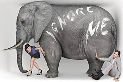 Woman and man in business clothes being squished in a small room with an elephant with the message Ignore Me written on its side.
